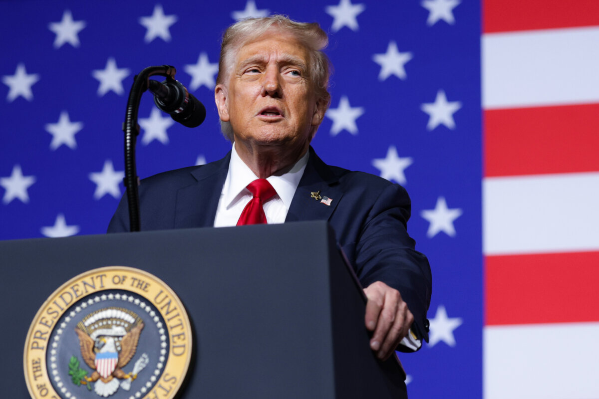 President Donald Trump speaks to senior military leaders at Marine Corps Base Quantico in Quantico, Va., on Sept. 30, 2025. (Alex Wong/Getty Images)