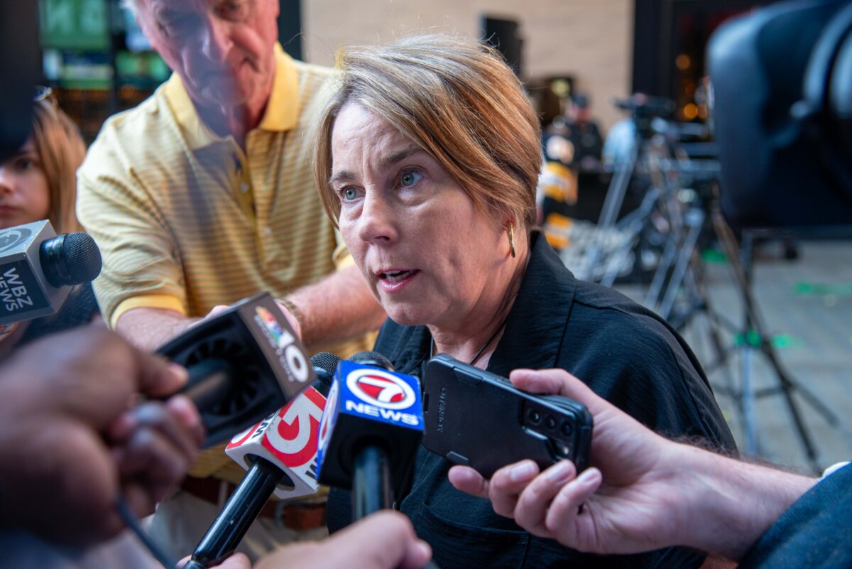 Massachusetts Gov. Maura Healey speaks to reporters outside TD Garden, home of the Boston Bruins and the Boston Celtics, during its 30th anniversary of reopening, in Boston on Sept. 30, 2025. (Learner Liu/The Epoch Times)
