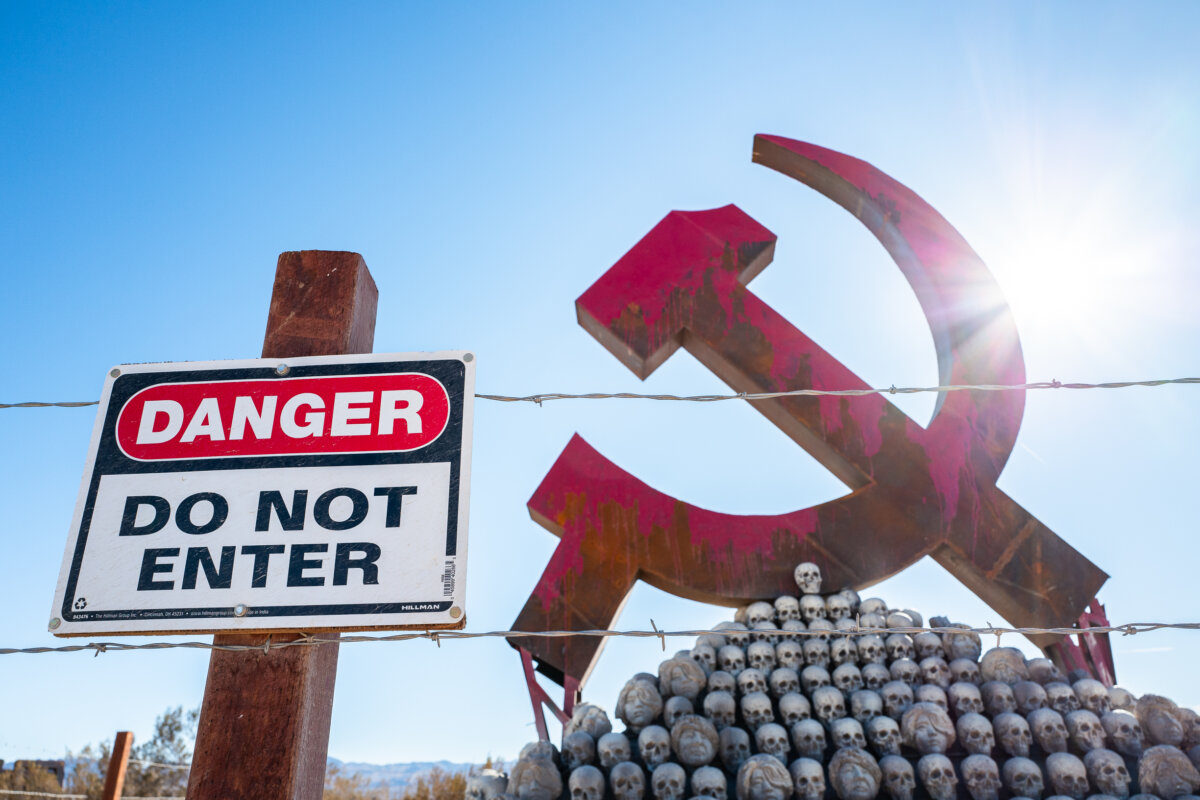 An art piece depicting the dangers of communism sits along California's Interstate 15 on Jan. 6, 2025. (John Fredricks/The Epoch Times)