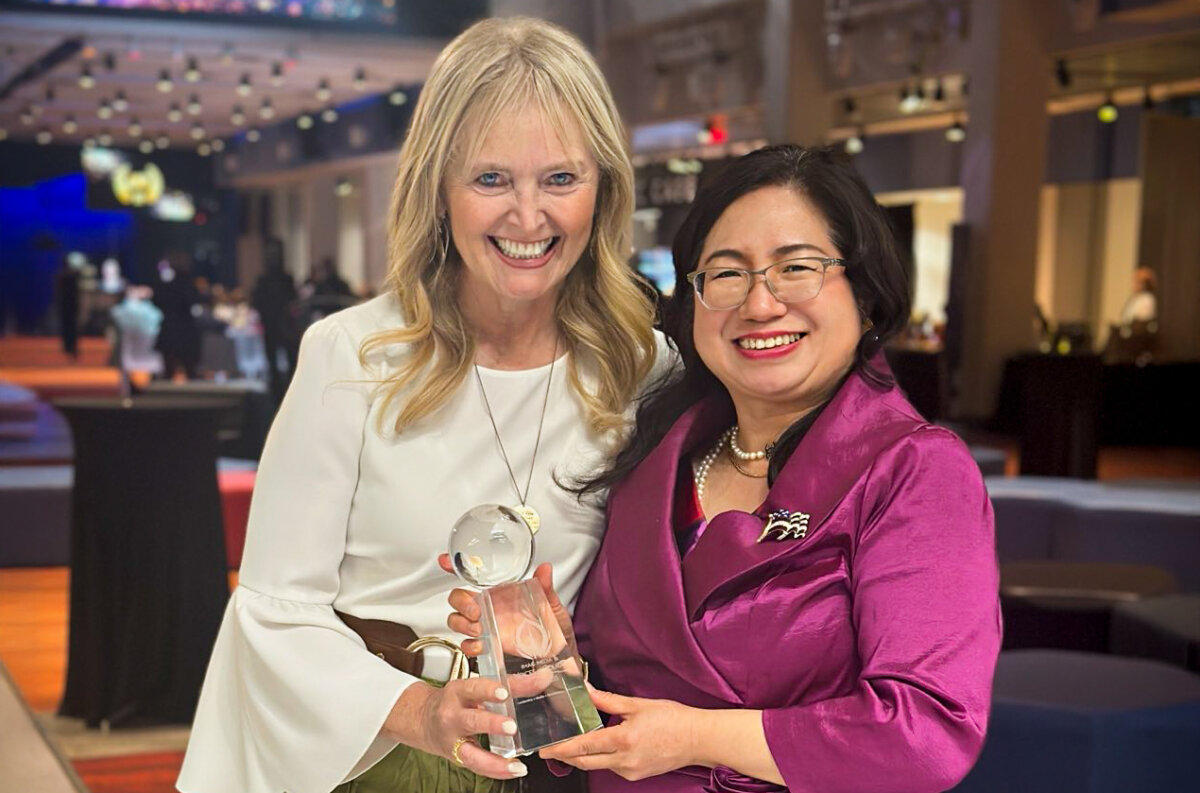Janice Trey and Katrina Lantos Swett at the inaugural Global Conference and Awards Gala night of IMAG Media and Voices Against trafficking at the Liberty Science Center, in Jersey City, N.J., on Sept. 27, 2025. (The Epoch Times)