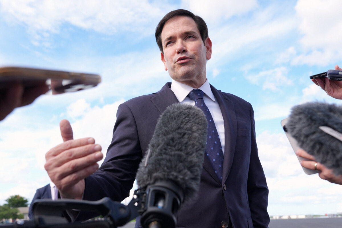 Secretary of State Marco Rubio speaks to reporters before boarding his plane at Homestead Air Reserve Base in Homestead, Fla., on Sept. 2, 2025. (Jacquelyn Martin/Pool via Reuters)
