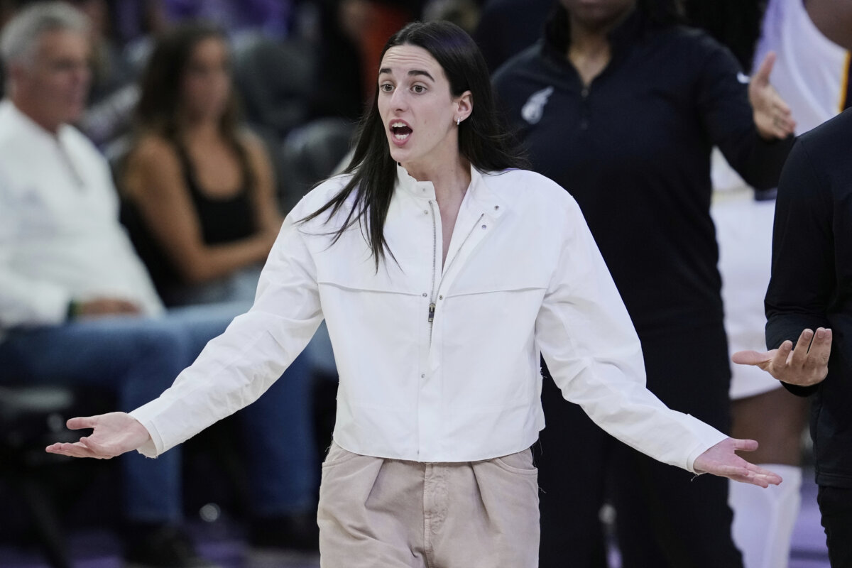 Indiana Fever's Caitlin Clark reacts at the end of the first half of a WNBA basketball game against the Golden State Valkyries in San Francisco on Aug. 31, 2025. (Godofredo A. Vásquez/AP Photo)