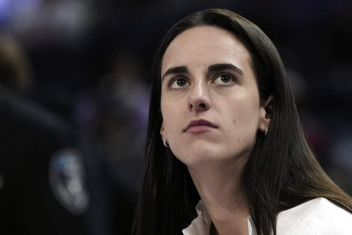 Indiana Fever's Caitlin Clark sits on the bench before a WNBA basketball game against the Golden State Valkyries on Aug. 31, 2025, in San Francisco. (Godofredo A. Vásquez/AP Photo)