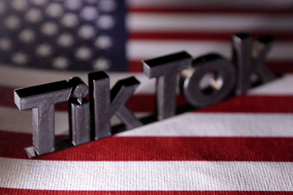 The TikTok logo on a U.S. flag in this illustration taken on April 25, 2024. (Dado Ruvic/Illustration/File Photo/Reuters)
