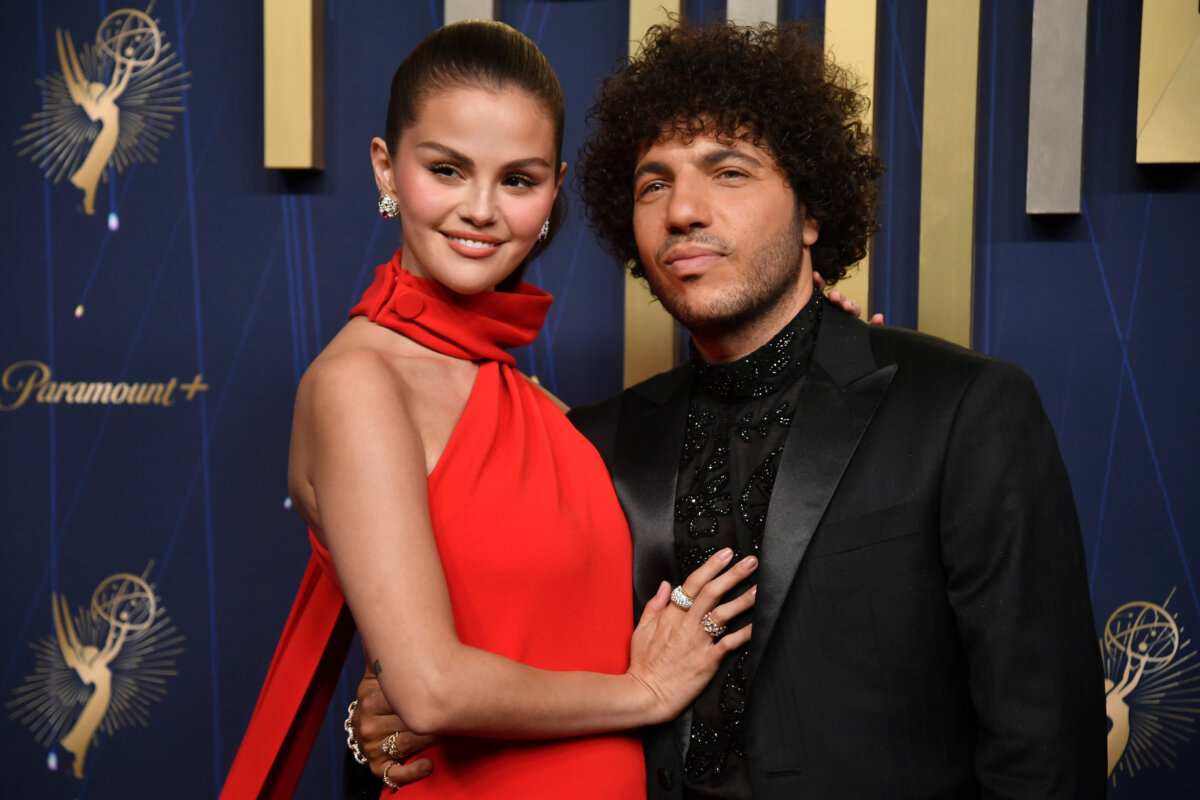 Selena Gomez (L) and Benny Blanco arrive at the 77th Primetime Emmy Awards at the Peacock Theater in Los Angeles on Sept. 14, 2025. (Richard Shotwell/Invision/AP)