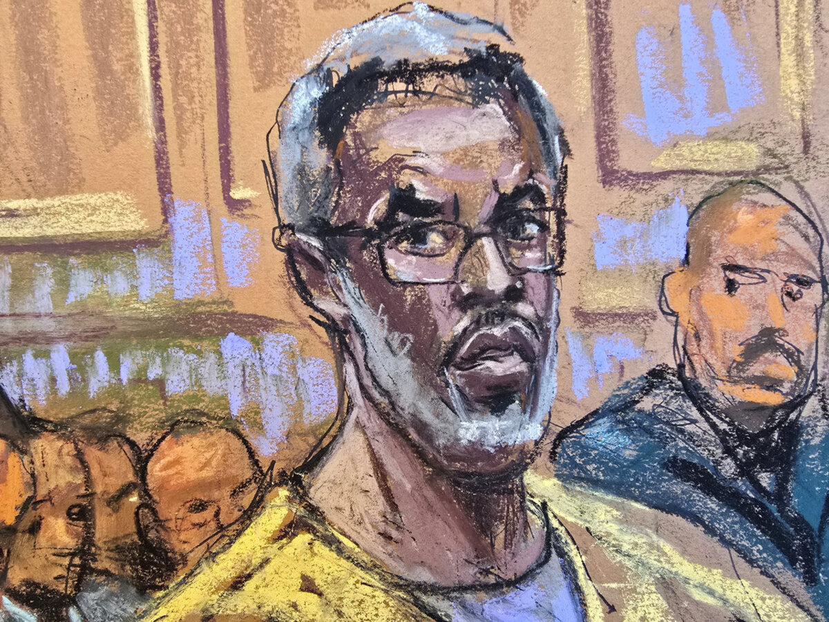 Sean "Diddy" Combs listens as lawyer Alexandra Shapiro argues during a hearing over his bid to overturn his conviction on charges of transportation to engage in prostitution, at a courtroom in New York City on Sept. 25, 2025, in this courtroom sketch. (Jane Rosenberg/Reuters)
