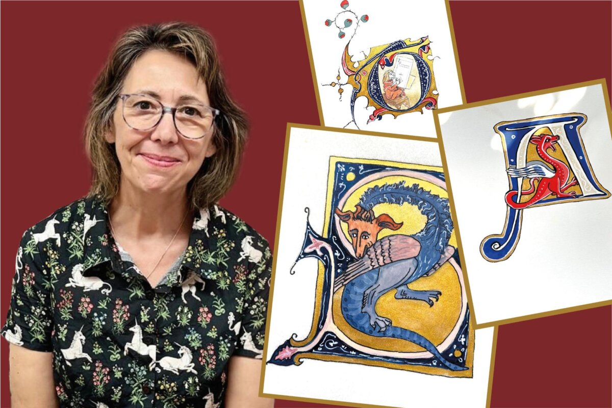 Author and illustrator Alison Stegert with examples of her "illumination" artwork. (Illustration by The Epoch Times, Daniel Y. Teng, Courtesy of Alison Stegert)