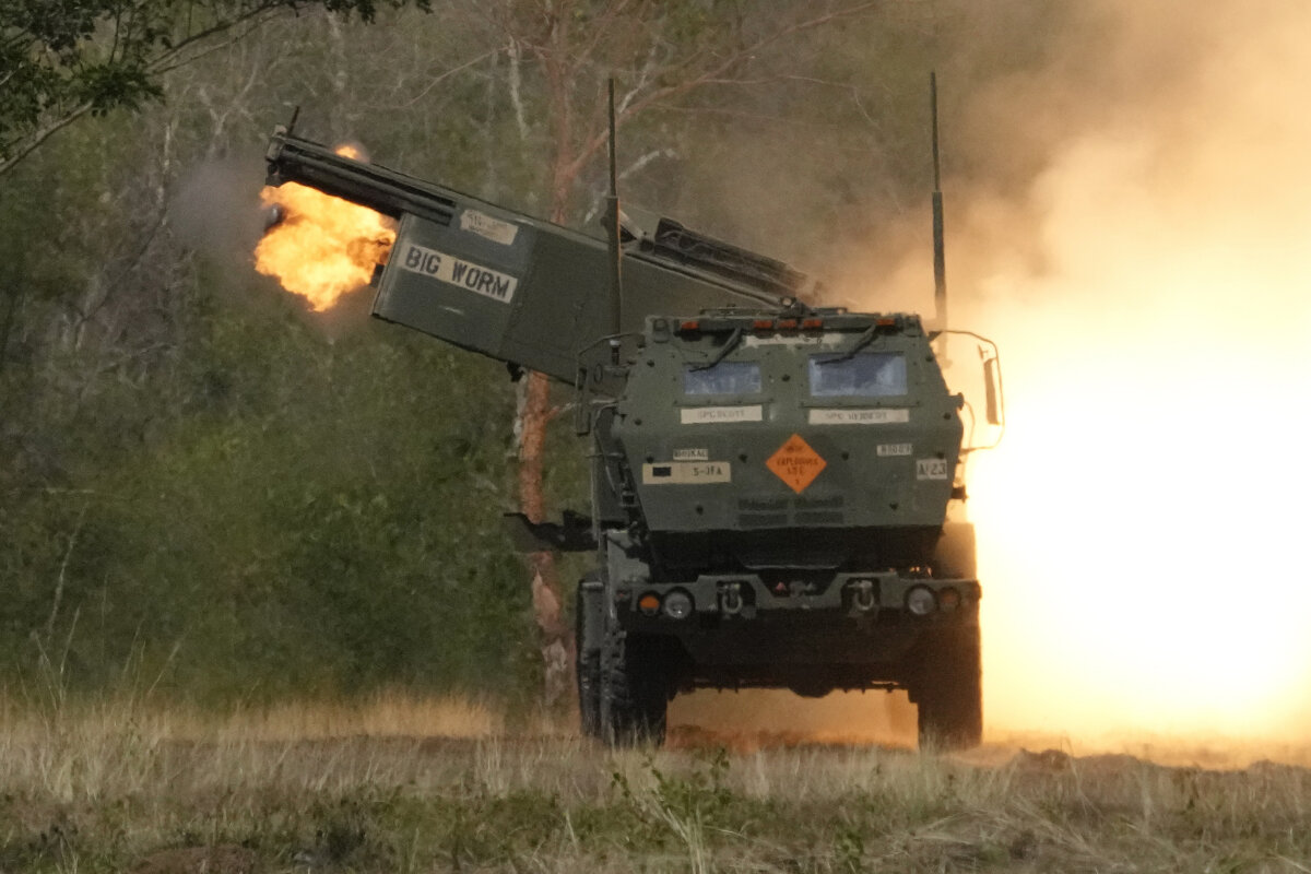 A U.S. M142 High Mobility Artillery Rocket System (HIMARS) fires a missile during a joint military drill between the Philippines and the U.S. at Laur, Nueva Ecija province, northern Philippines on March 31, 2023. (AP Photo/Aaron Favila)