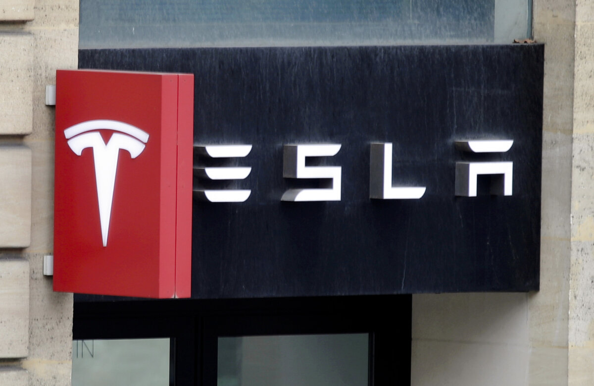 The logo of Tesla on a store in Paris, France, on Oct. 30, 2020. (Charles Platiau/Reuters)