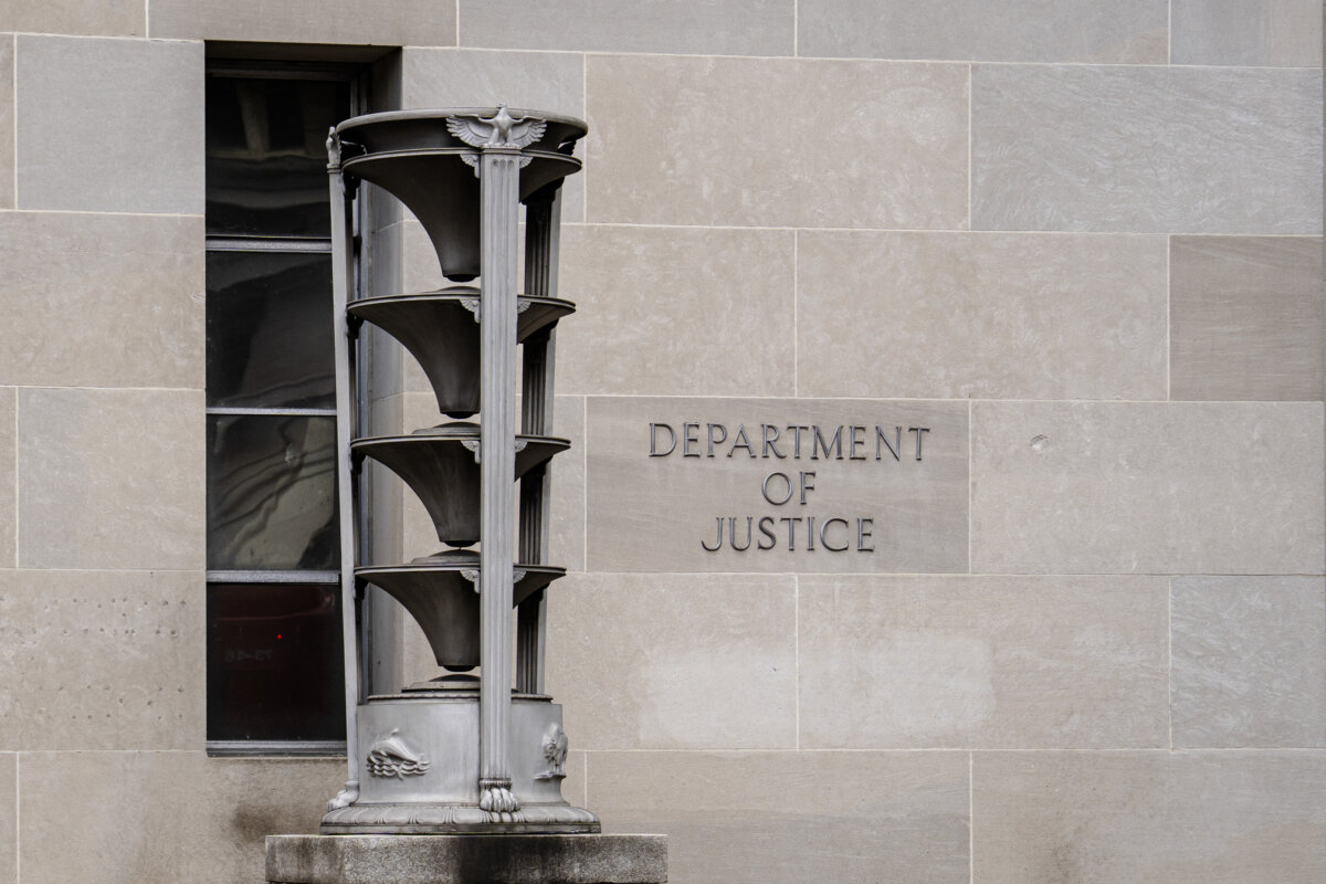 The U.S. Department of Justice in Washington on Aug. 7, 2025. (Madalina Kilroy/The Epoch Times)