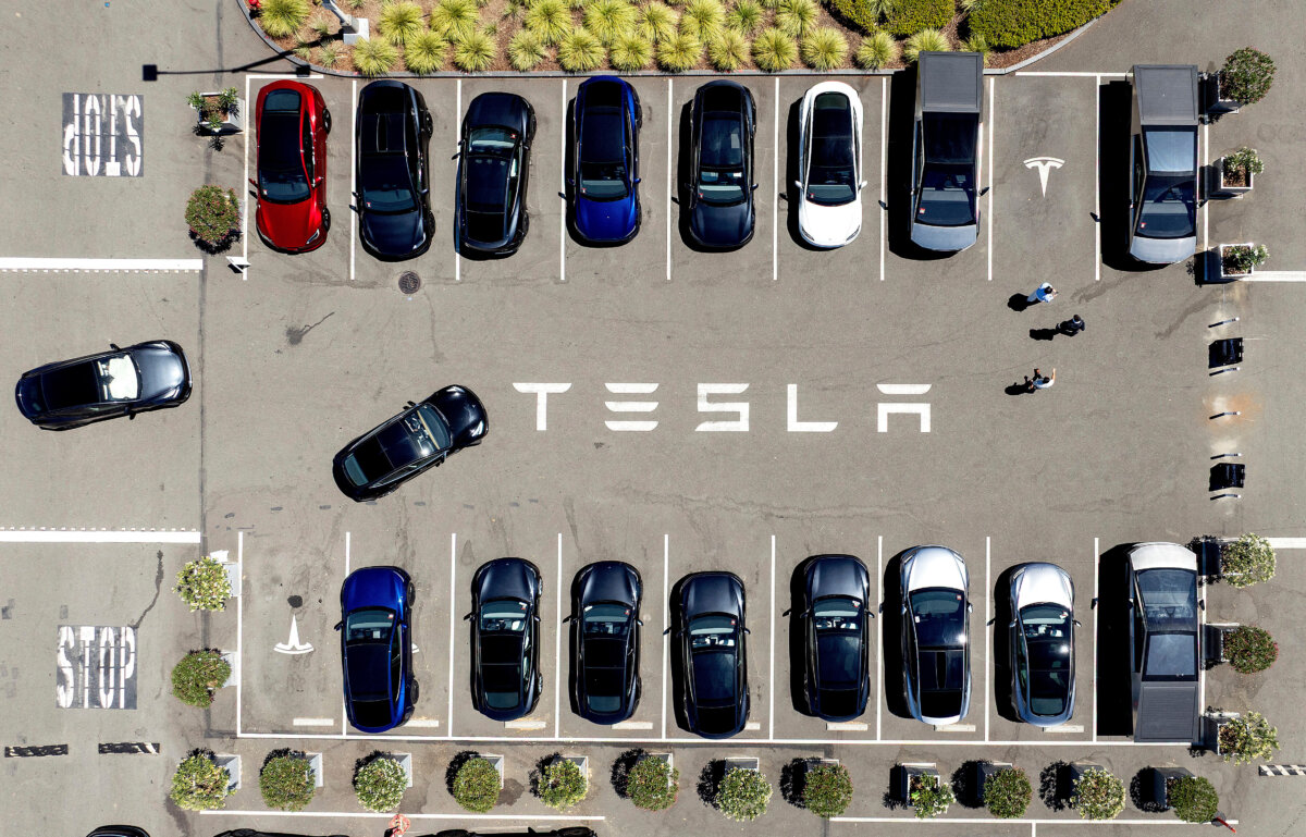 Tesla vehicles line a parking area at the company's Fremont, Calif., factory on Aug. 5, 2025. (Noah Berger/AP Photo)