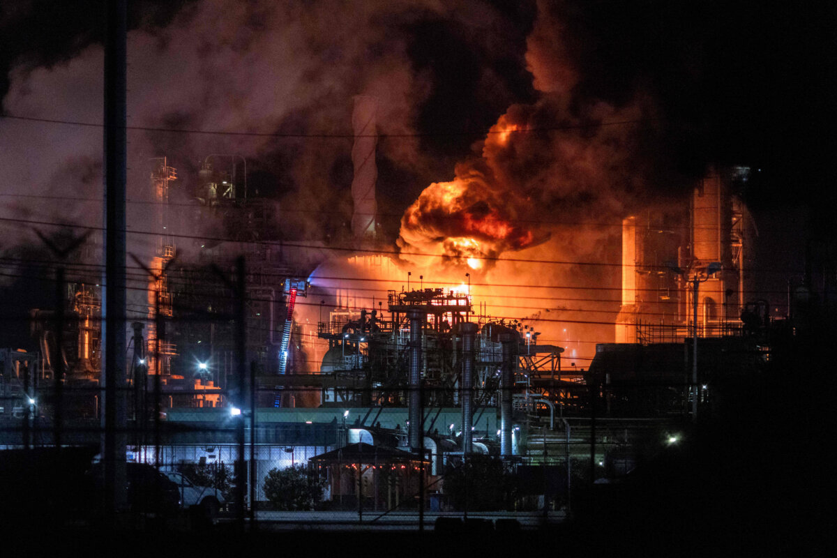 Flames rise from the Chevron refinery in El Segundo, Calif., on Oct. 2, 2025. (Ethan Swope/AP Photo)
