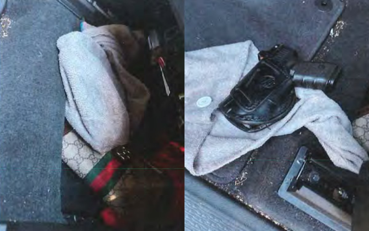 Photographs show, according to authorities, a gun that was wrapped in a towel under the driver's seat of a vehicle driven by Ian Andre Roberts. (ICE via The Epoch Times)
