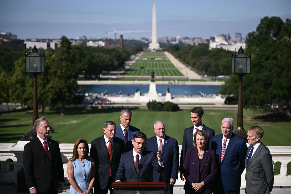 Speaker of the House Mike Johnson (R-La.) leads a news conference with Republican congressional leadership on the first day of the government shutdown, outside the U.S. Capitol on Oct. 1, 2025. (Brendan Smialowski/AFP via Getty Images)