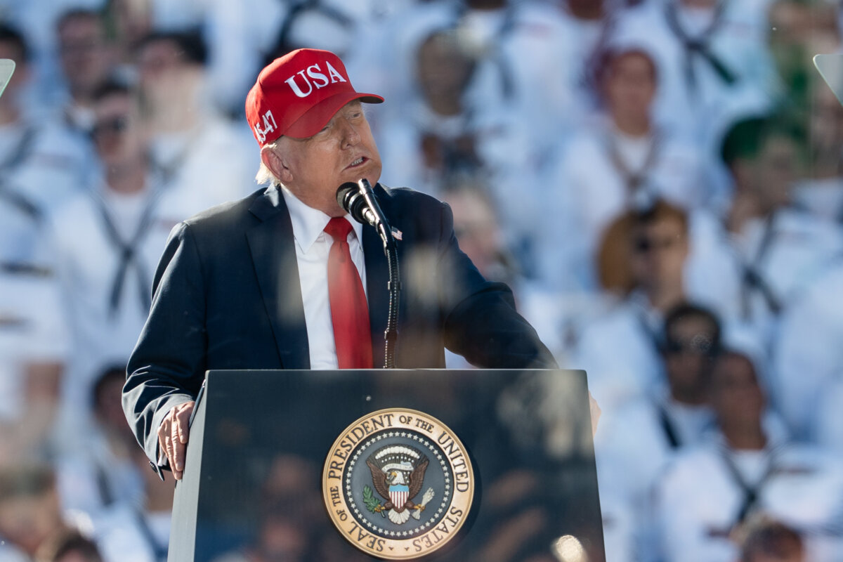 President Donald Trump speaks at America’s Navy 250—Titans of the Sea: A Salute to the Fleet in Norfolk, Va., on Oct. 5, 2025. (Madalina Kilroy/The Epoch Times)