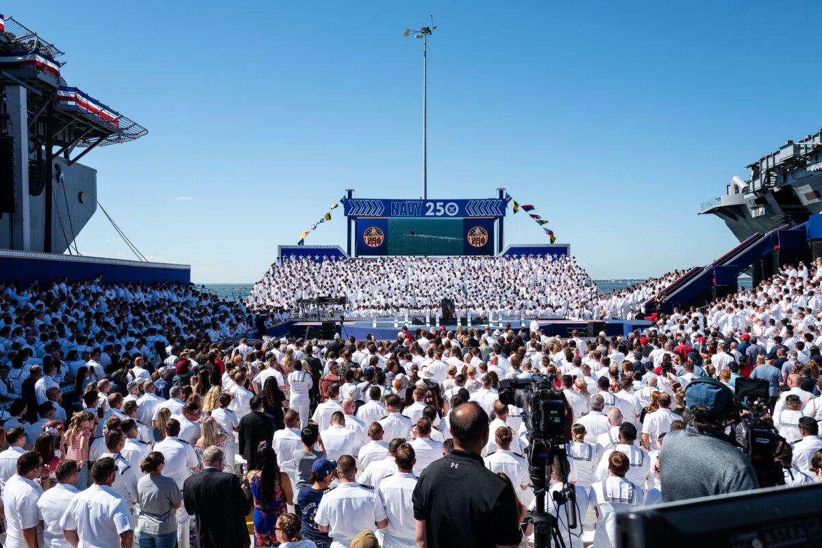 Sailors take part in “America’s Navy 250 - Titans of the Sea: A Salute to the Fleet” in Norfolk, Va., on Oct. 5, 2025. (Madalina Kilroy/The Epoch Times)