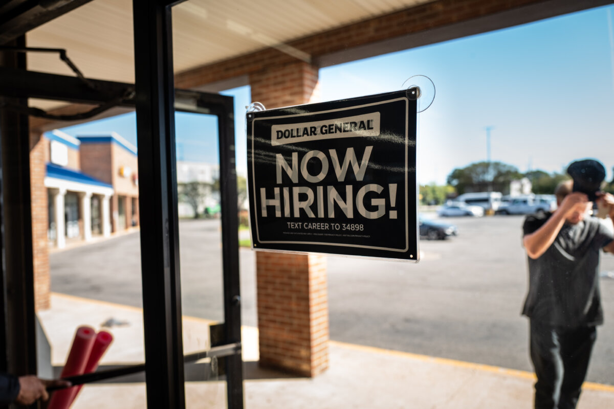 A hiring sign at a store in Norfolk, Va., on Oct. 5, 2025. (Madalina Kilroy/The Epoch Times)