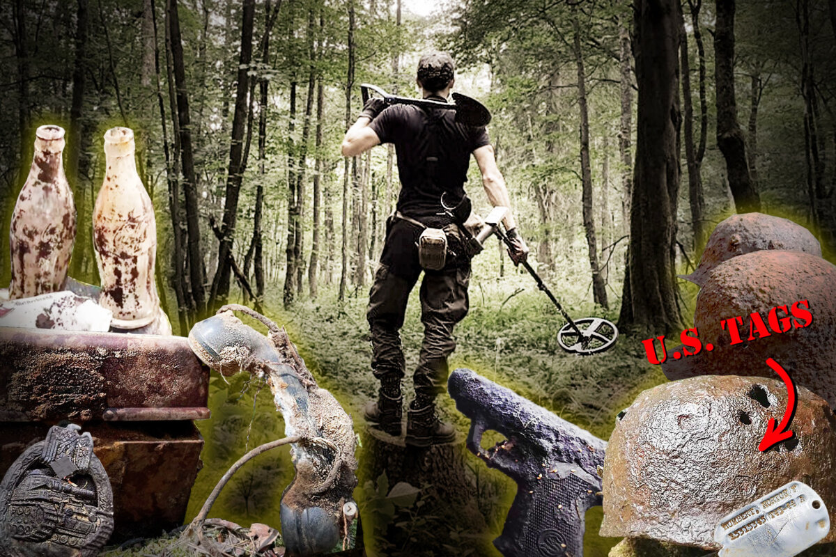 Photos of World War II-era relics and a metal detectorist. (Courtesy of Chris De Jong)