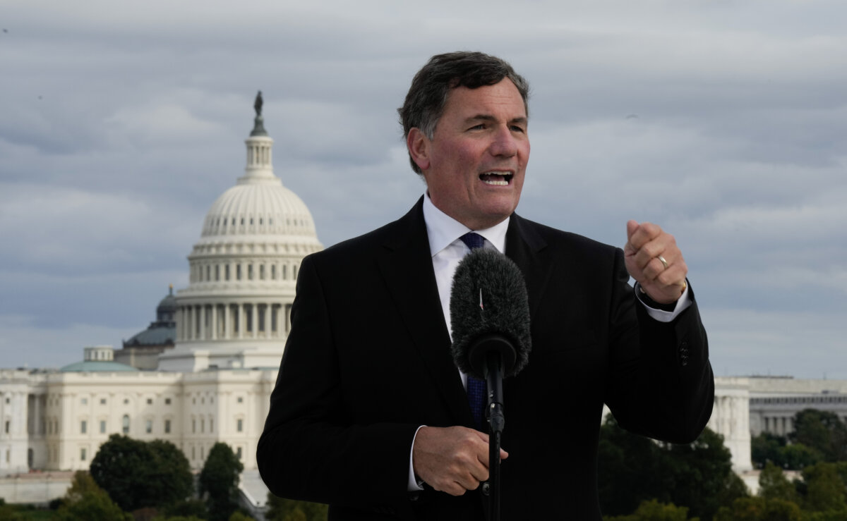 Dominic LeBlanc, President of the King’s Privy Council for Canada and Minister responsible for Canada-U.S. Trade, Intergovernmental Affairs, Internal Trade and One Canadian Economy, speaks with reporters at the Canadian Embassy in Washington, D.C., on Oct. 7, 2025. (The Canadian Press/Adrian Wyld)