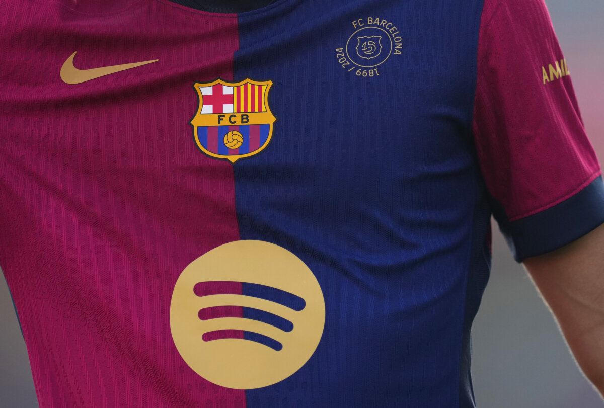 A detailed view of the limited edition FC Barcelona match shirt during a match against UD Las Palmas at Lluís Companys Olympic Stadium in Barcelona, Spain, on Nov. 30, 2024. (Alex Caparros/Getty Images)