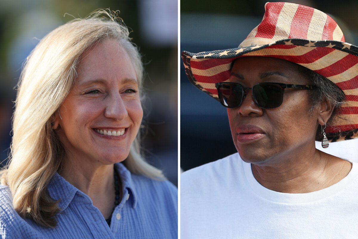 (L) Virginia Democratic gubernatorial candidate, former Rep. Abigail Spanberger, answers questions in Buena Vista, Va., on Sept. 1, 2025. (R)
Virginia Republican gubernatorial candidate, Lt. Gov. Winsome Earle-Sears, attends a festival in Buena Vista, Va., on Sept. 1, 2025. (Win McNamee/Getty Images)