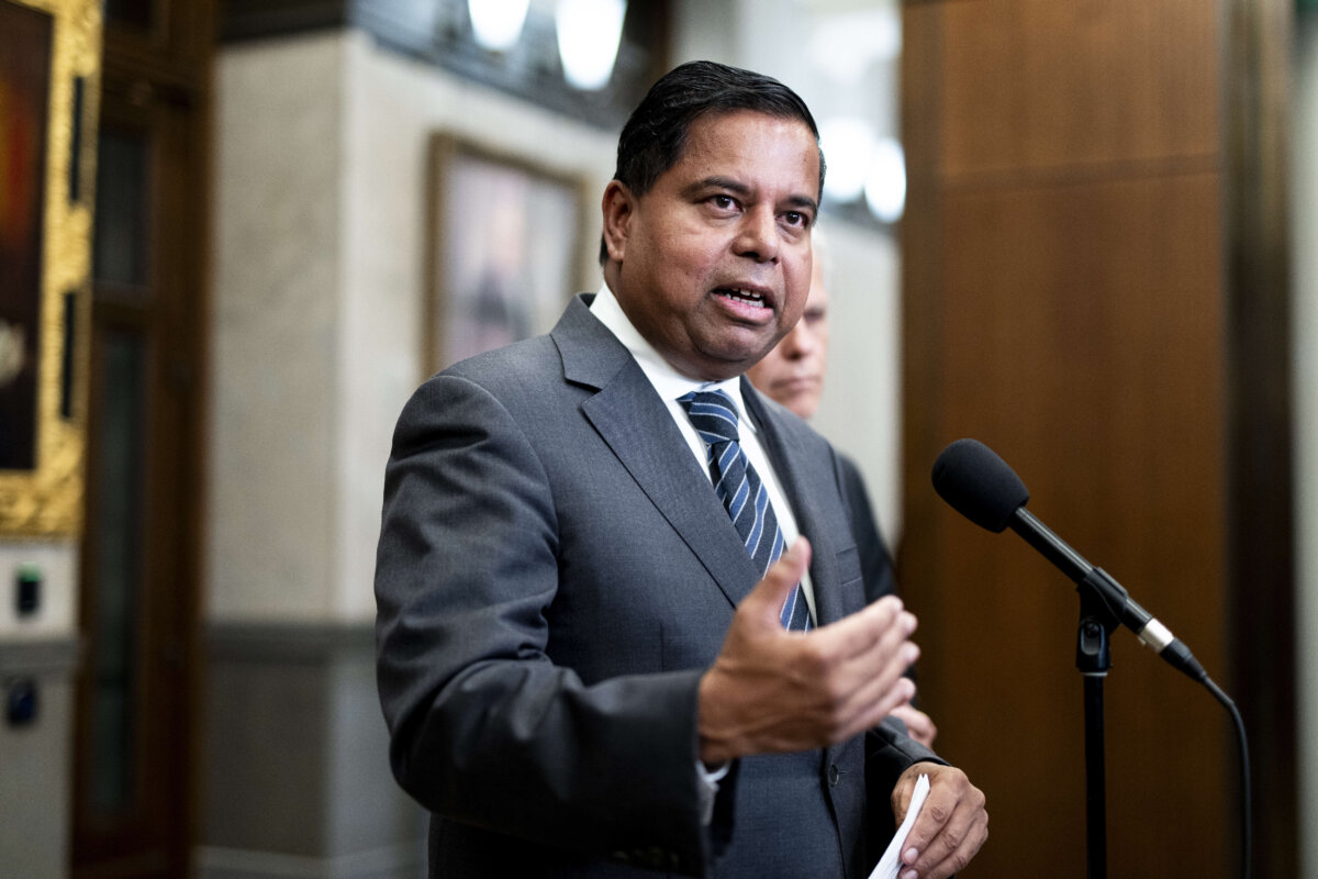 Minister of Public Safety Gary Anandasangaree speaks to reporters following question period on Parliament Hill in Ottawa on Oct. 8, 2025. (The Canadian Press/Spencer Colby)