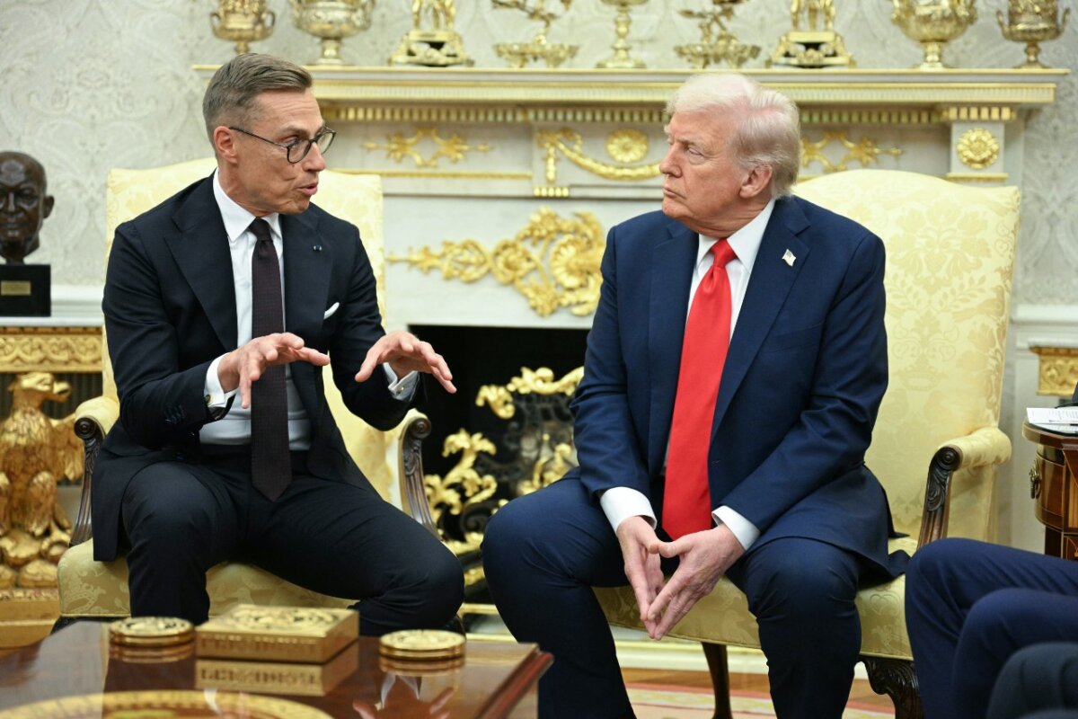 President Donald Trump meets with Finnish President Alexander Stubb (L) in the Oval Office of the White House in Washington, on Oct. 9, 2025. (Jim Watson/AFP via Getty Images)