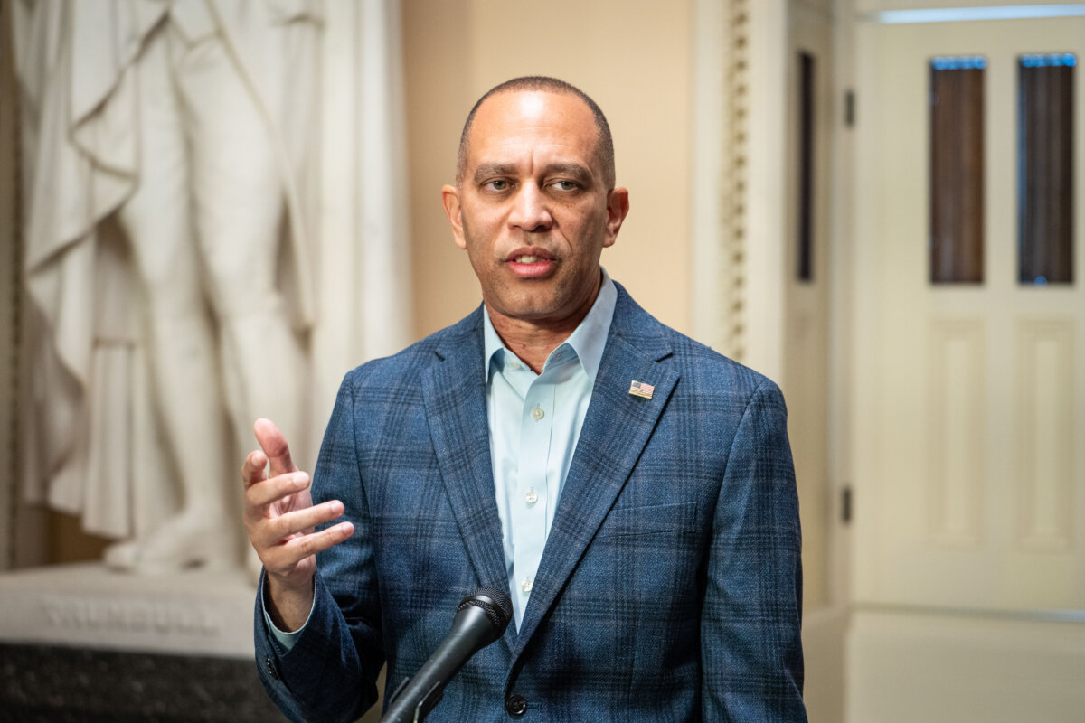 House Minority Leader Hakeem Jeffries (D-N.Y.) speaks at a press conference during the tenth day of the government shutdown on Capitol Hill in Washington on Oct. 10, 2025. (Madalina Kilroy/The Epoch Times)