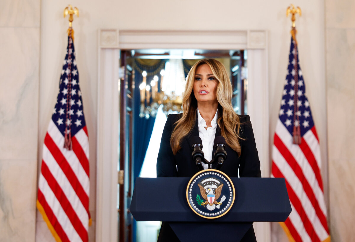 First lady Melania Trump delivers a statement in the Grand Foyer at the White House on Oct. 10, 2025. (Kevin Dietsch/Getty Images)