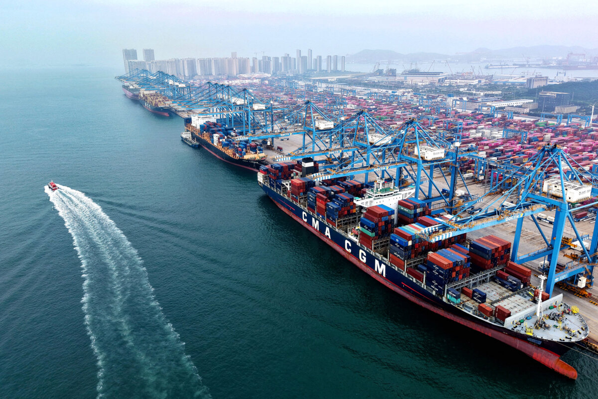 Container ships berthed at a port in Qingdao, in eastern China's Shandong province, on Sept. 24, 2025. ( -/AFP via Getty Images)