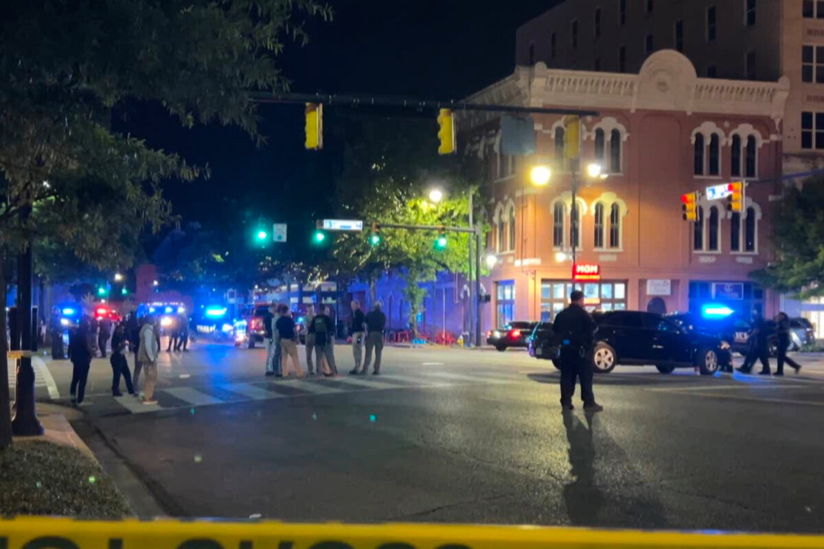 This image taken from video provided by WSFA shows the scene after a shooting earlier Saturday in downtown Montgomery, Ala., on Oct. 5, 2025. (WSFA via AP)