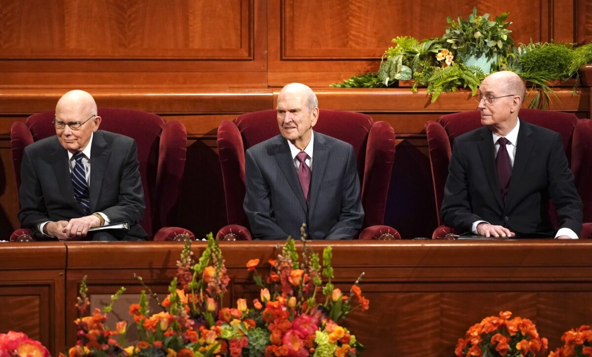 President of the Church of Jesus Christ of Latter-Day Saints, Russell M. Nelson (C), First Counselor, Dallin H. Oaks (L) and Second Counselor Henry B. Eyring (R) wait for the start of the first session of the 189th Annual General conference in the Conference Center in Salt Lake City, Utah, on April 6, 2019. (George Frey/Getty Images)