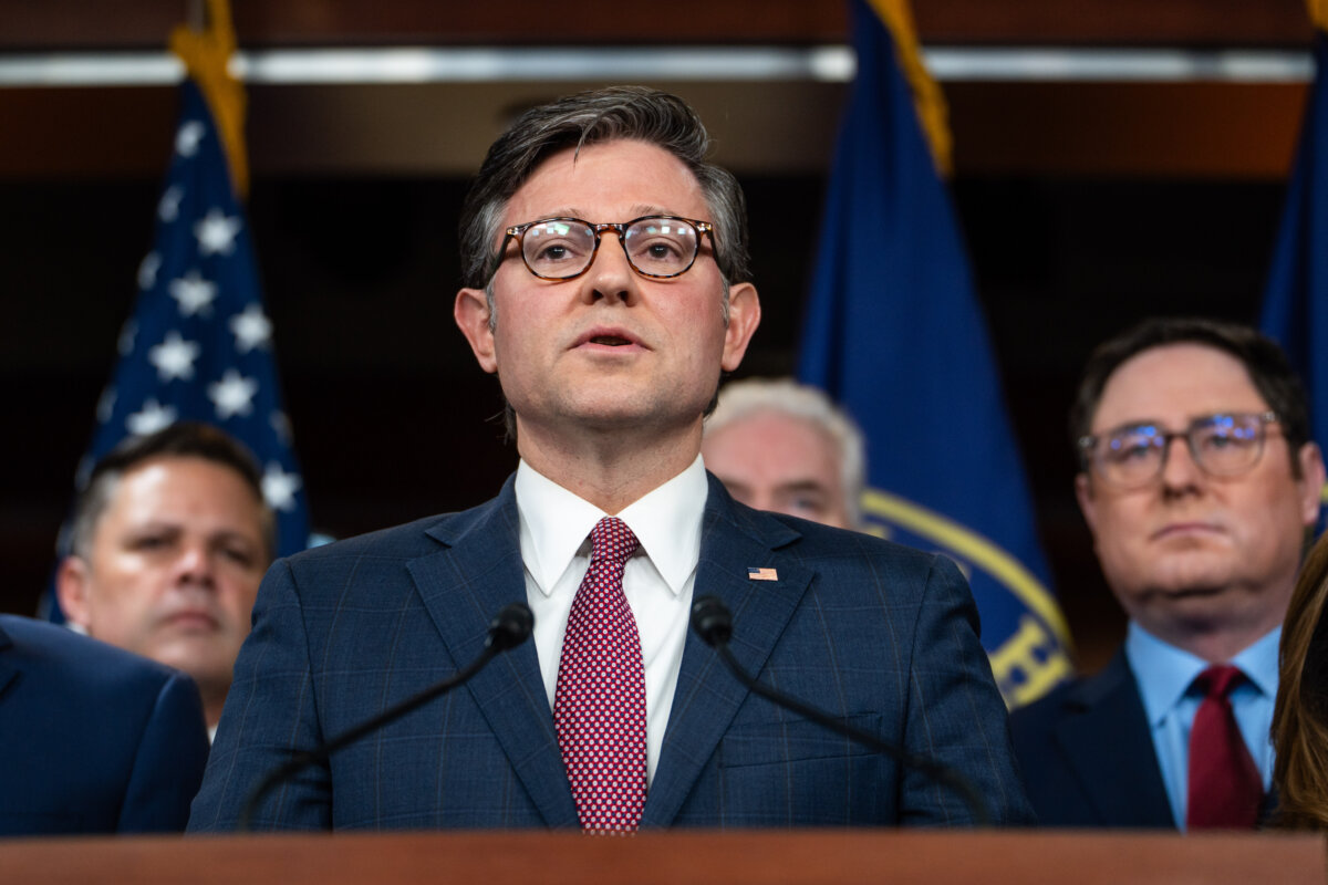 House Speaker Mike Johnson (R-La.), joined by other House Republicans, speaks during the 15th day of the government shutdown at a press conference on Capitol Hill in Washington on Oct. 15, 2025. (Madalina Kilroy/The Epoch Times)