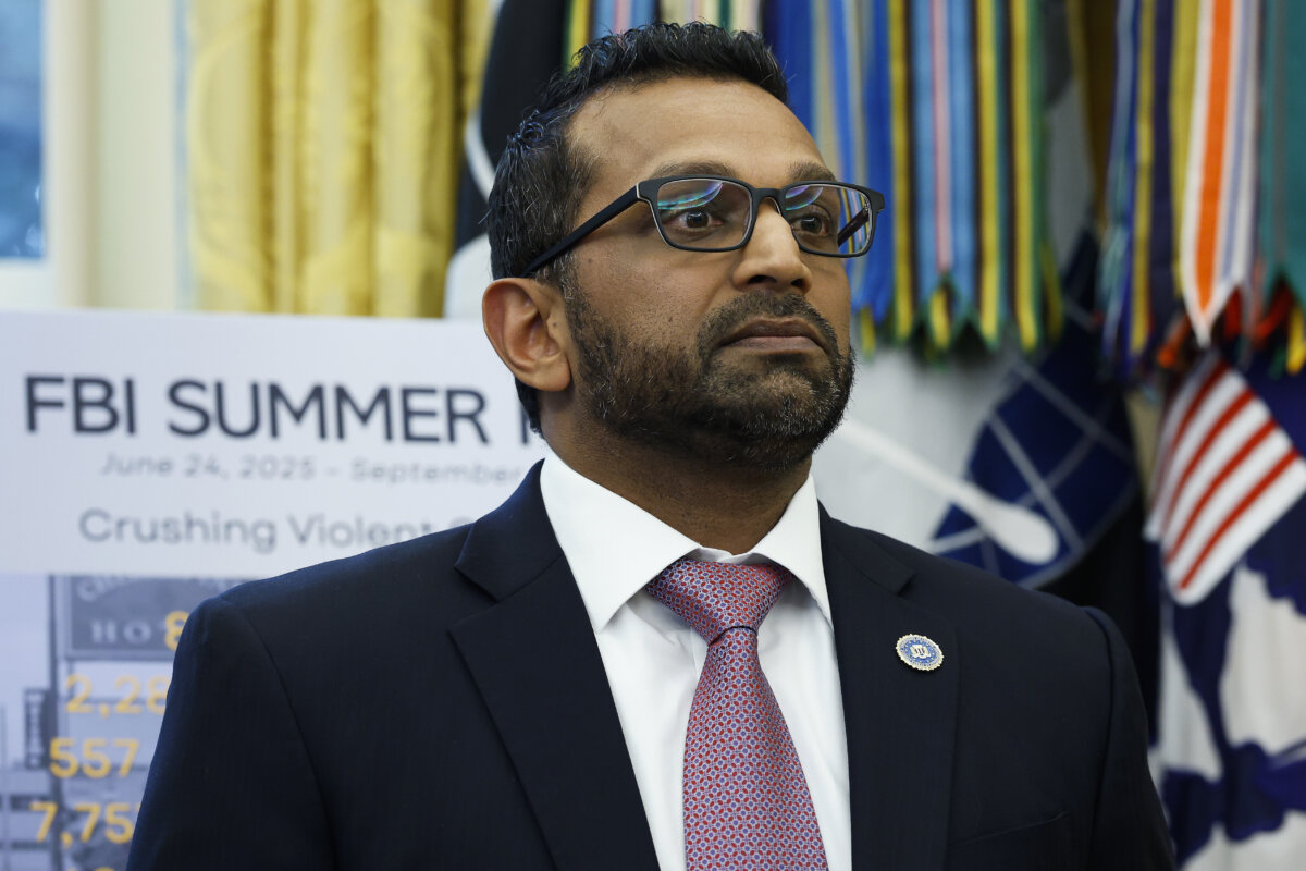 Federal Bureau of Investigation Director Kash Patel looks on as President Donald Trump speaks during a press conference in the Oval Office of the White House in Washington on Oct. 15, 2025. Trump and Patel provided an update on the Trump administration’s progress in reducing violent crime. (Kevin Dietsch/Getty Images)