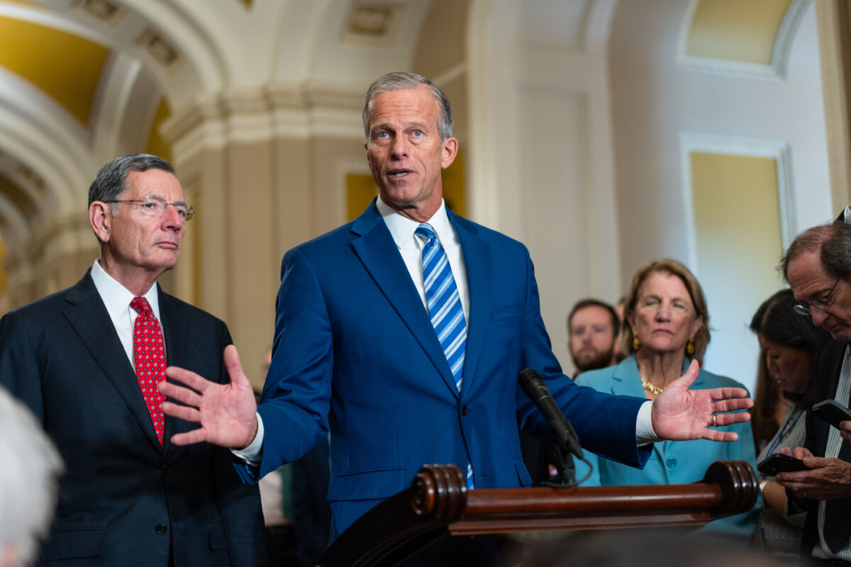 Senate Majority Leader John Thune (R-S.D.), joined by other Senate Republicans, speaks during the fifteenth day of the government shutdown at a press conference on Capitol Hill in Washington on Oct. 15, 2025. (Madalina Kilroy/The Epoch Times)