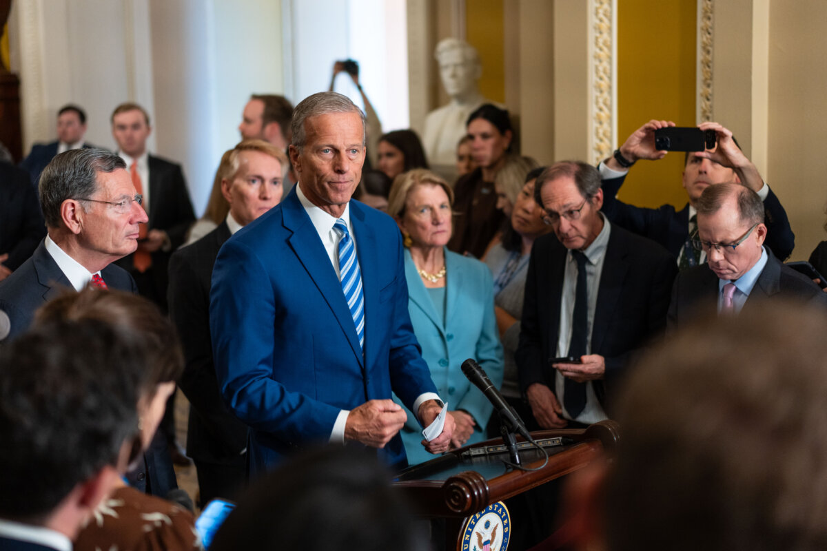 Senate Majority Leader John Thune (R-S.D.), joined by other Senate Republicans, speaks during the 15th day of the government shutdown at a press conference on Capitol Hill in Washington on Oct. 15, 2025. (Madalina Kilroy/The Epoch Times)