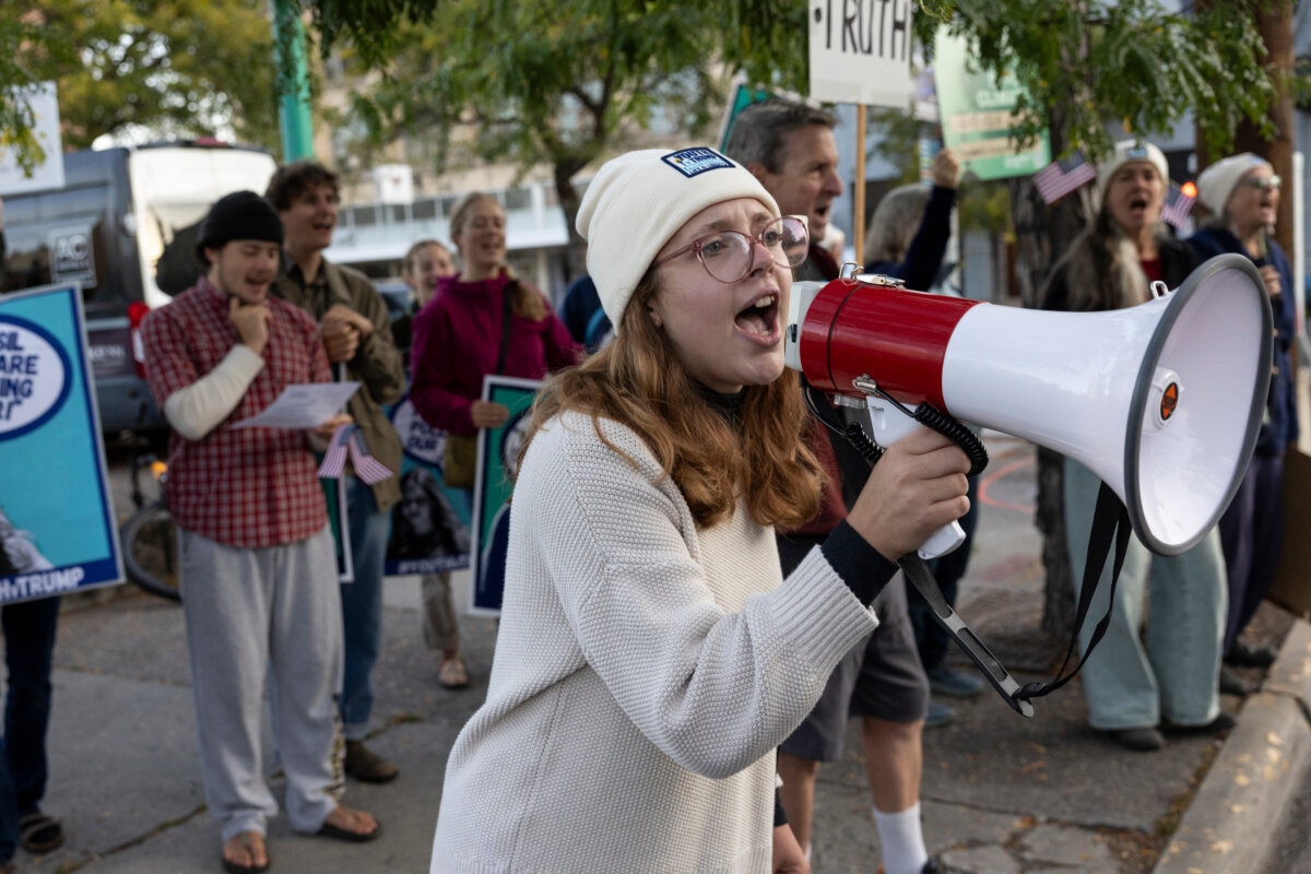 University of Montana student Maddie Grebb leads a chant in opposition to President Donald Trump's energy policies across the street from the federal courthouse in Missoula, Mont., on Sept. 17, 2025. (Ben Allan Smith/The Missoulian via AP)