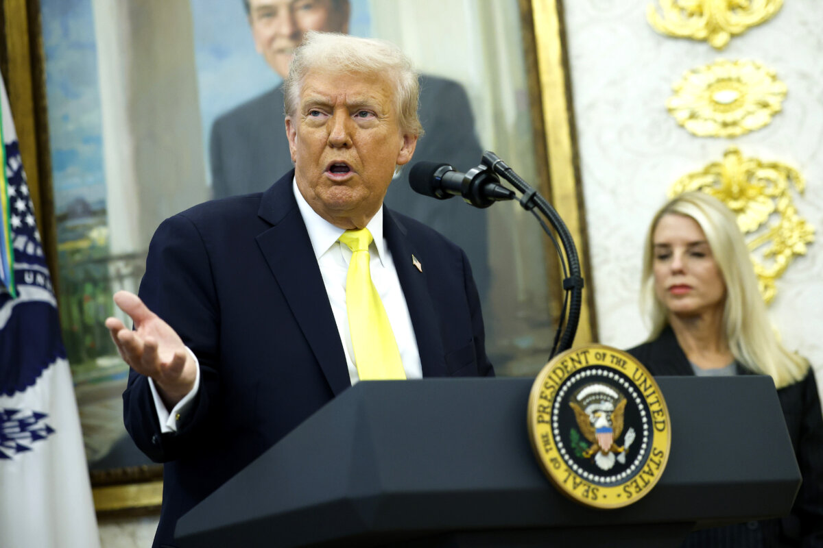 President Donald Trump speaks during a press conference in the Oval Office of the White House on Oct. 15, 2025. (Kevin Dietsch/Getty Images)