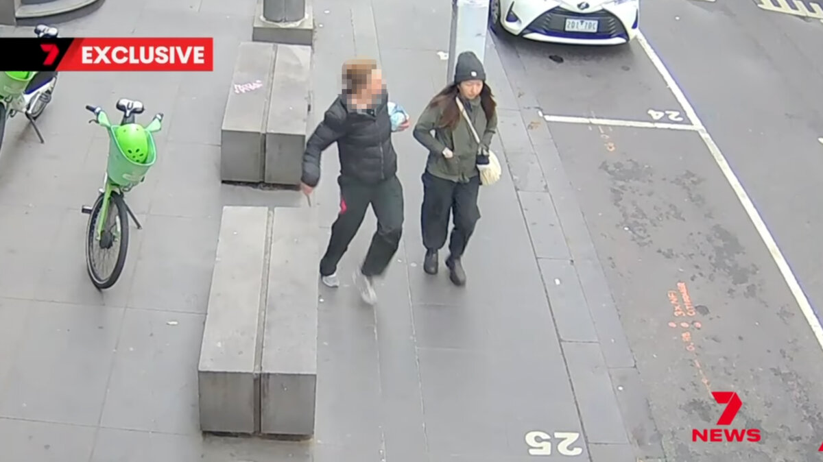 A still image taken from video and obtained on Oct. 17, 2025, shows an alleged stabbing of a woman by a female offender near the intersection of Little Bourke and Spencer streets in Melbourne’s CBD on Oct. 2. The victim, 36-year-old Melbourne West woman, was taken to hospital with non-life-threatening injuries (PR Image/Supplied, Seven News)