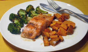 Sheet Pan Orange-Honey Salmon With Broccoli and Sweet Potatoes
