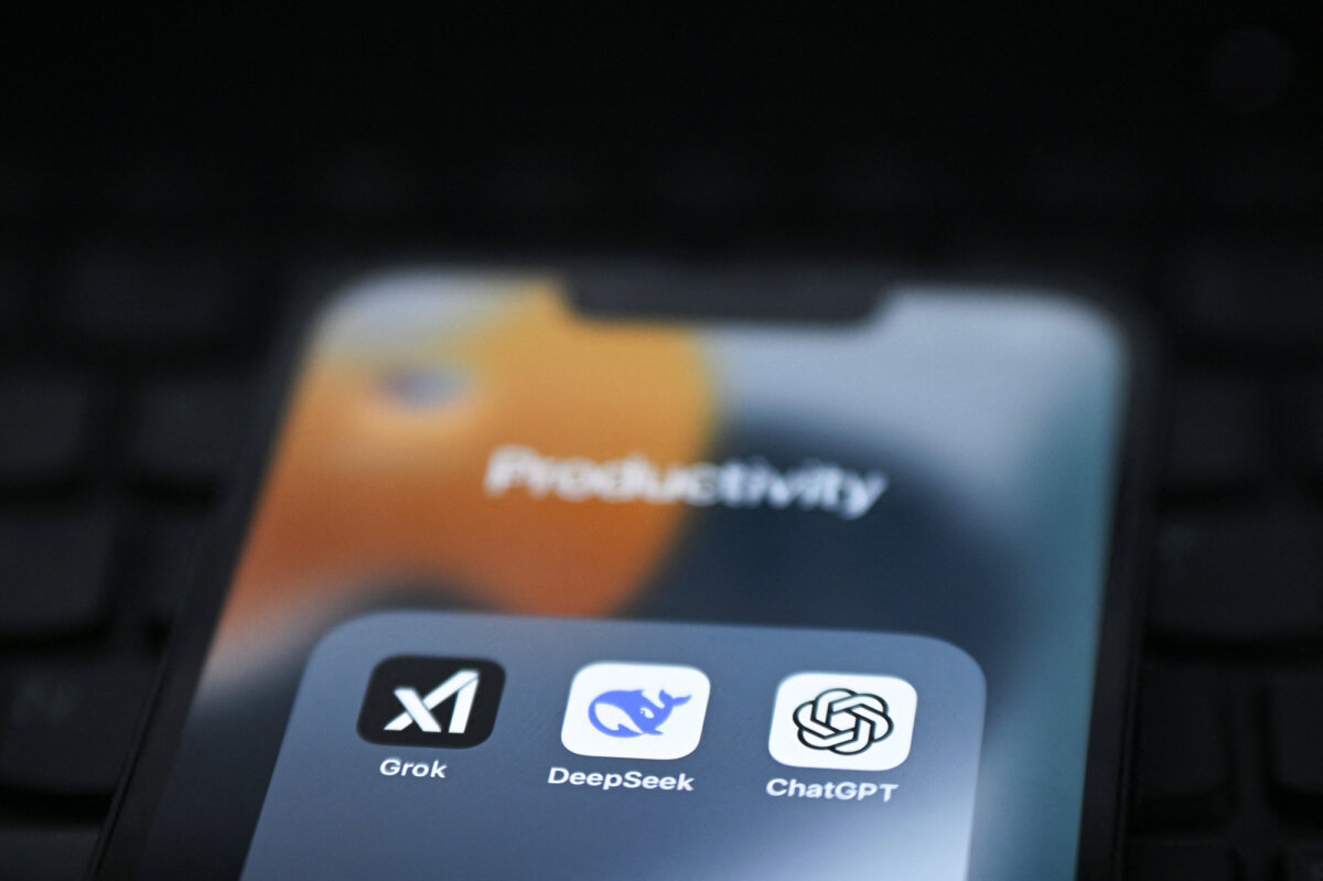 Grok, DeepSeek, and ChatGPT apps are displayed on a smartphone screen in London on Feb. 20, 2025. (Justin Tallis/AFP via Getty Images)