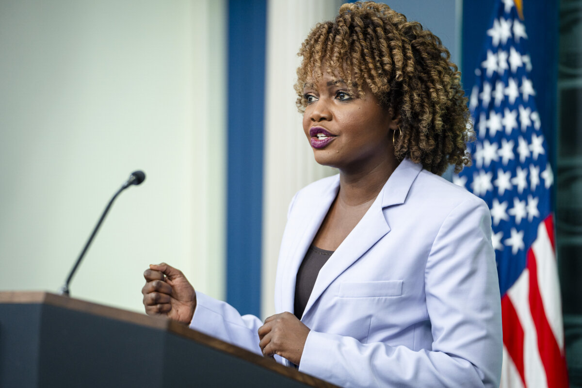 White House press secretary Karine Jean-Pierre holds the first press briefing since the presidential election results in Washington on Nov. 7, 2024. (Madalina Vasiliu/The Epoch Times)