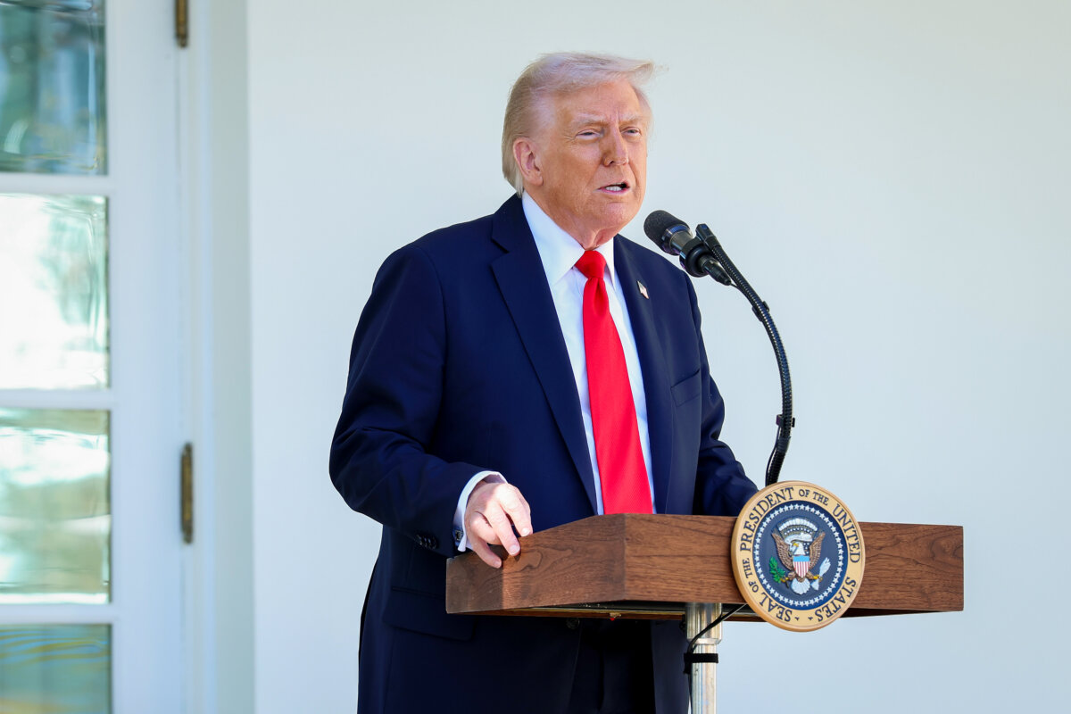 President Donald Trump delivers remarks during a luncheon in the Rose Garden of the White House in Washington, DC, on Oct. 21, 2025. (Anna Moneymaker/Getty Images)