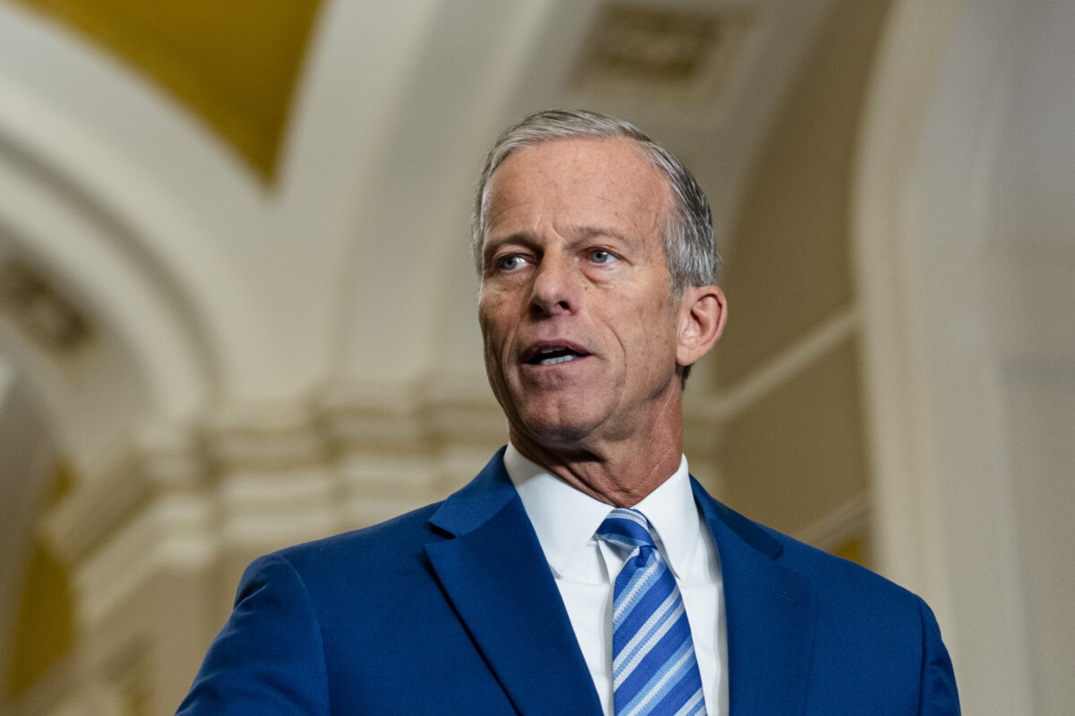 Senate Majority Leader John Thune (R-S.D.), joined by other Senate Republicans, speaks during the fifteenth day of the government shutdown at a press conference on Capitol Hill in Washington on Oct. 15, 2025. (Madalina Kilroy/The Epoch Times)