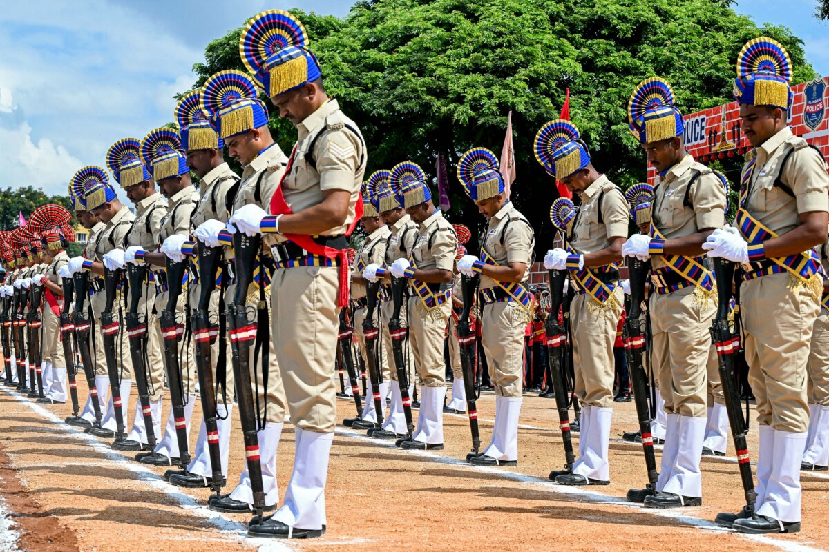 Police personnel pay tribute to slain police officers during an event held to mark "Police Commemoration Day" in Hyderabad, India, on Oct. 21, 2025. (Noah Seelam/AFP via Getty Images)