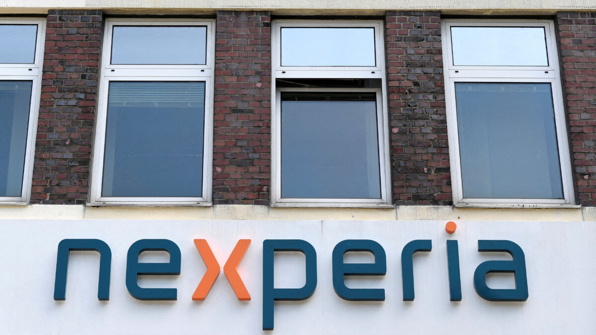 The logo of Chinese-owned semiconductor company Nexperia in Hamburg, Germany, on June 27, 2024. (Fabian Bimmer/Reuters)