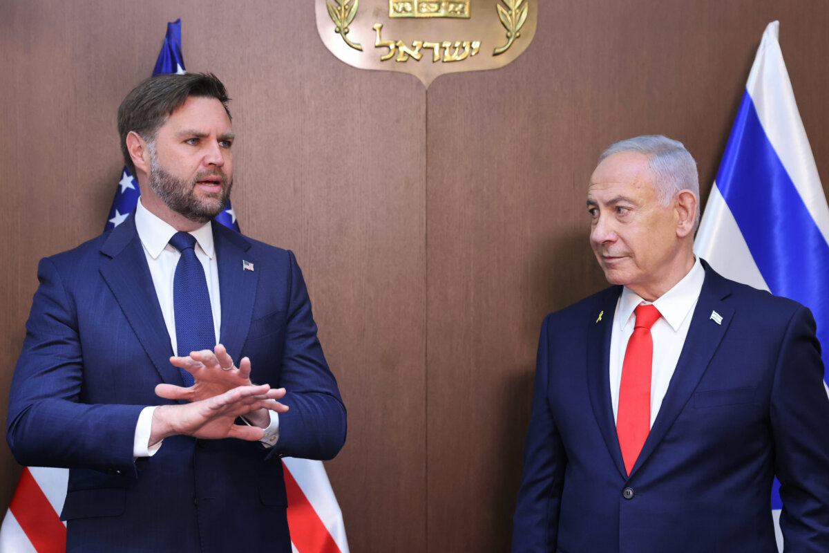 U.S. Vice President JD Vance (L) meets with Israeli Prime Minister Benjamin Netanyahu at the Prime Minister's Office in Jerusalem on Oct. 22, 2025. (Marc Israel Sellem/Jerusalem Post via AP)