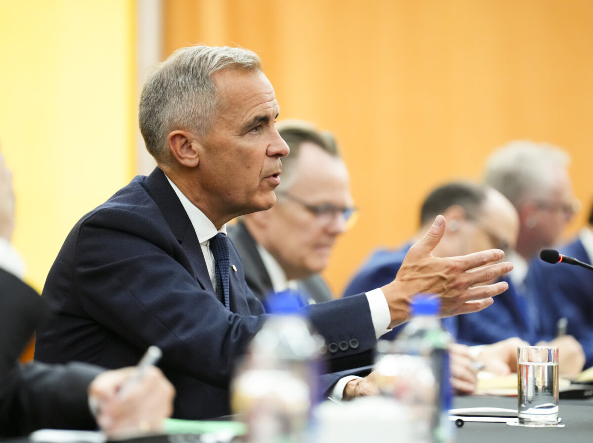 Prime Minister Mark Carney takes part in a meeting with Chinese Premier Li Qiang on the sidelines of the United Nations General Assembly n New York on Sept. 23, 2025. (The Canadian Press/Sean Kilpatrick)