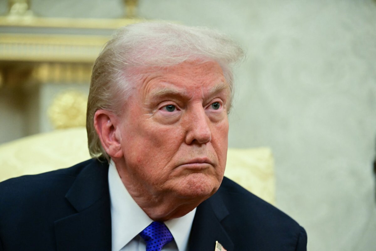 President Donald Trump looks on during a meeting with NATO Secretary-General Mark Rutte in the Oval Office on Oct. 22, 2025. (Jim Watson / AFP)