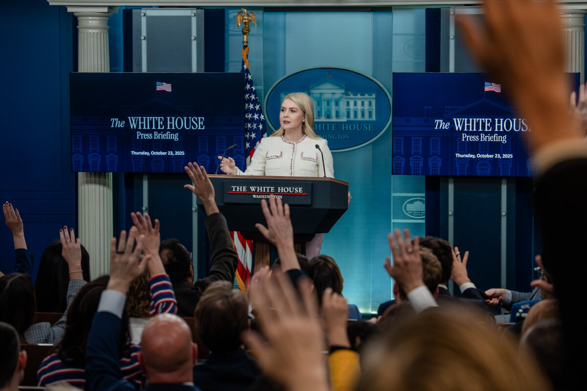 White House press secretary Karoline Leavitt speaks during a press briefing at the White House on Oct. 23, 2025. (Madalina Kilroy/The Epoch Times)